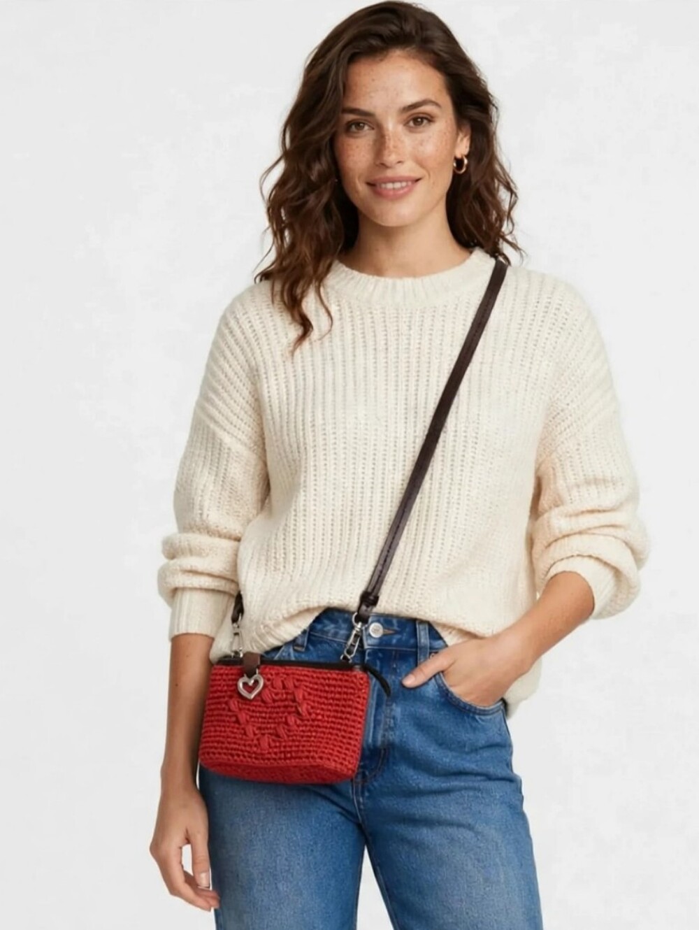 Brighten Reddish Crochet  Crossbody Bag with Heart Charm Clean Interior